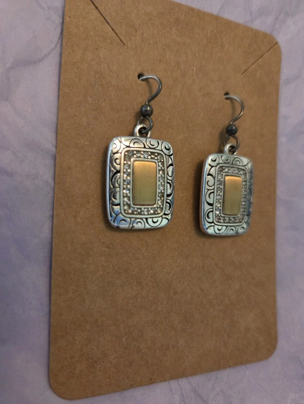 Brighton Two Tone Mixed Metal Filigree Rectangle Crystal Drop Earrings - Picture 2 of 3